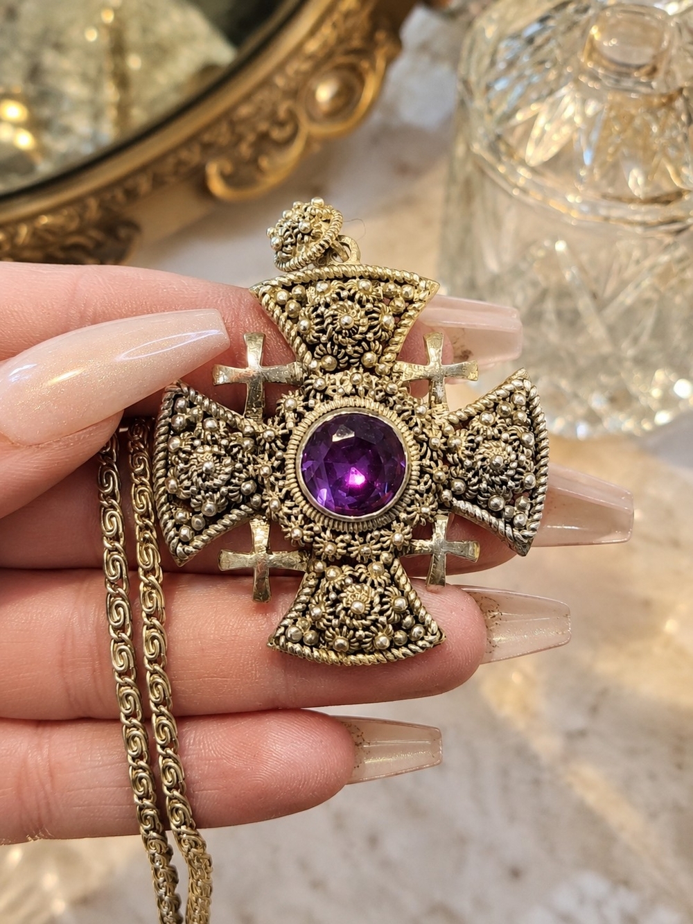 VTG 950 Silver Jerusalem Cross Necklace Color Change Alexandrite Sapphire 27g